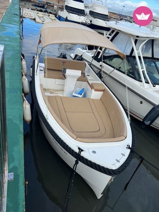 Open 5 boat docked at sunset, Santa Ponsa